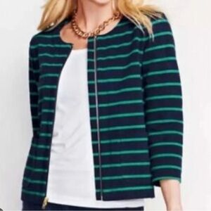 Lands End Front Zip Heritage Jacket Women’s SZ 16 Navy Green Stripe Classic NEW